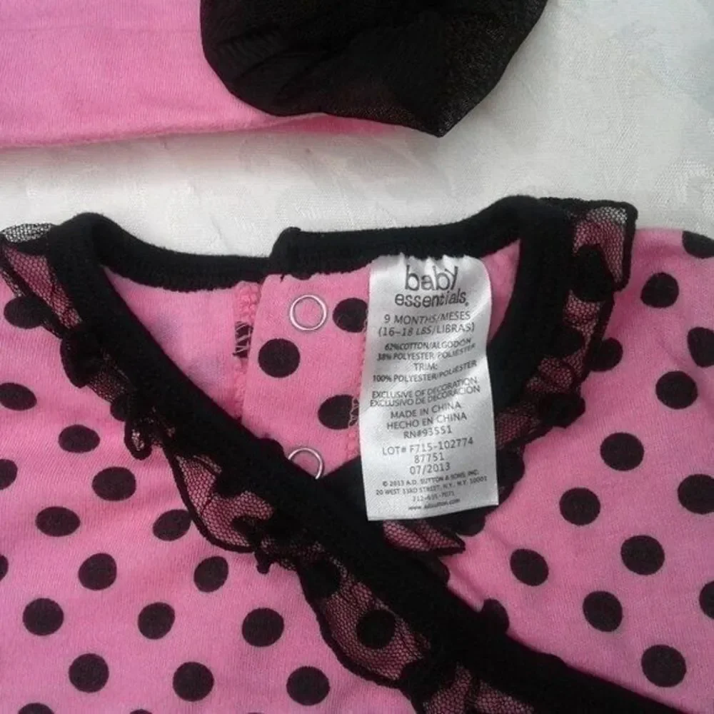 baby essentials Pink & Black 3pc Set Onesie Leggings Hat Polka Dots Ruffle 9Mo